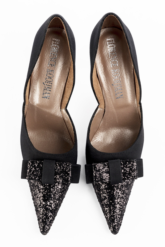 Gloss black women's open arch dress pumps. Pointed toe. Very high slim heel. Top view - Florence KOOIJMAN